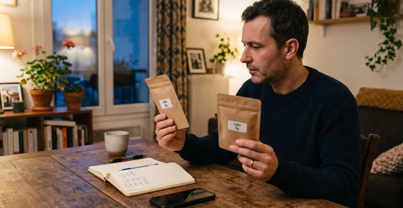 Un homme compare deux sachets de produits CBD à la lueur d'une lampe, assis à sa table.