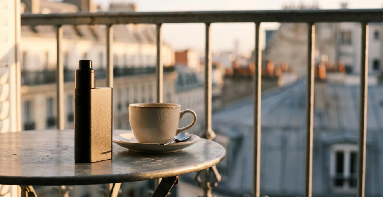 Kit box de cigarette électronique posé sur une table en bois avec en arrière-plan une terrasse de café parisien au petit matin, symbolisant une autonomie de batterie longue durée
