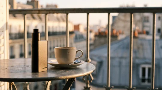 Kit box de cigarette électronique posé sur une table en bois avec en arrière-plan une terrasse de café parisien au petit matin, symbolisant une autonomie de batterie longue durée
