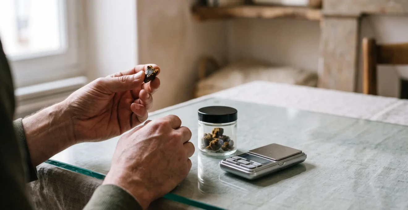 Des mains examinent un morceau de résine de CBD au-dessus d'une table, à côté d'un pot en verre et d'une balance de cuisine.