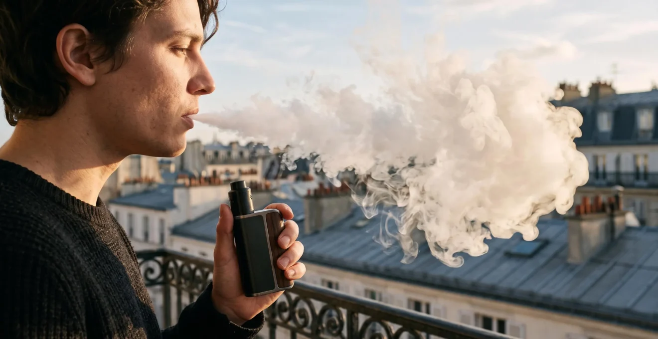 Gros plan artistique sur un nuage de vapeur dense s'échappant d'une cigarette électronique tenue par une main, dans une ambiance parisienne en fin de journée