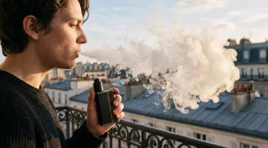 Gros plan artistique sur un nuage de vapeur dense s'échappant d'une cigarette électronique tenue par une main, dans une ambiance parisienne en fin de journée
