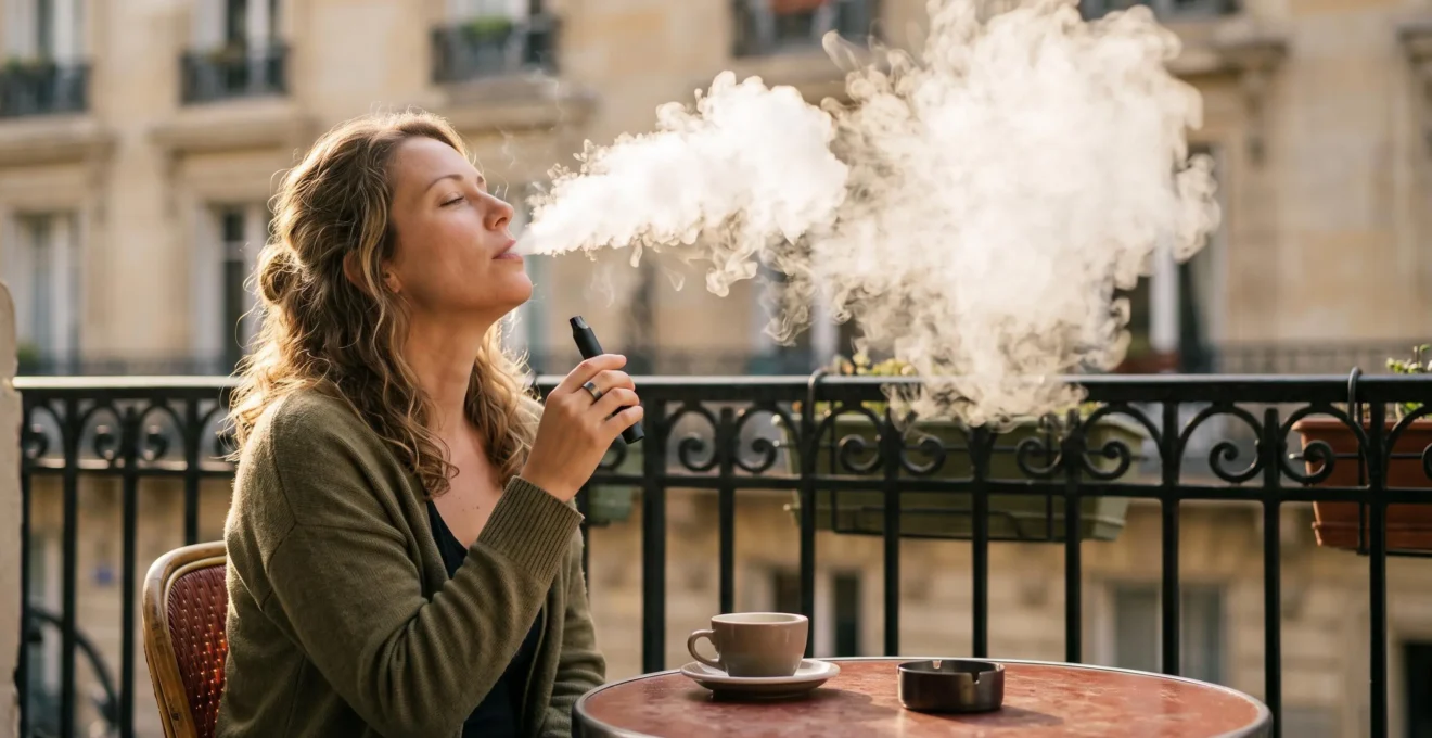 Vapoteur sur une terrasse parisienne exhalant un épais nuage de vapeur blanche à la lumière dorée du soir