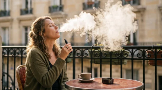 Vapoteur sur une terrasse parisienne exhalant un épais nuage de vapeur blanche à la lumière dorée du soir
