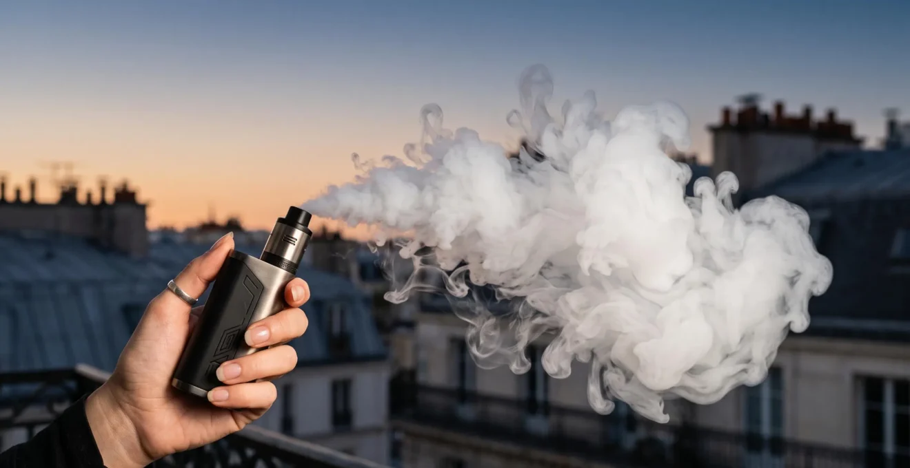 Vapoteur exhalant un nuage de vapeur dense et sculptural sur un balcon parisien au crépuscule