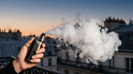 Vapoteur exhalant un nuage de vapeur dense et sculptural sur un balcon parisien au crépuscule