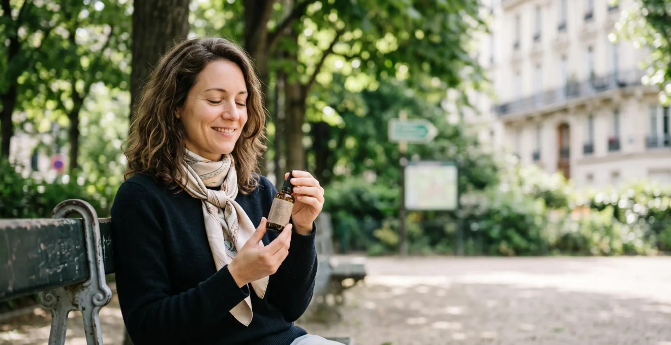 Personne savourant une pause detente en exterieur avec un flacon de CBD, illustrant la transformation des pauses quotidiennes