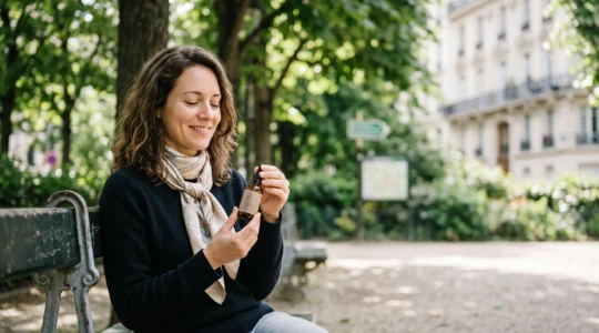 Personne savourant une pause detente en exterieur avec un flacon de CBD, illustrant la transformation des pauses quotidiennes