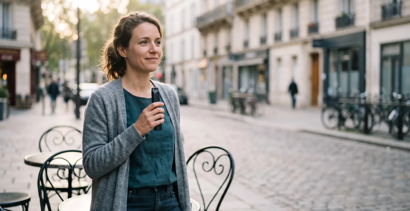 Jeune adulte français tenant un kit tube de cigarette électronique en extérieur, symbole du premier pas vers l'arrêt du tabac