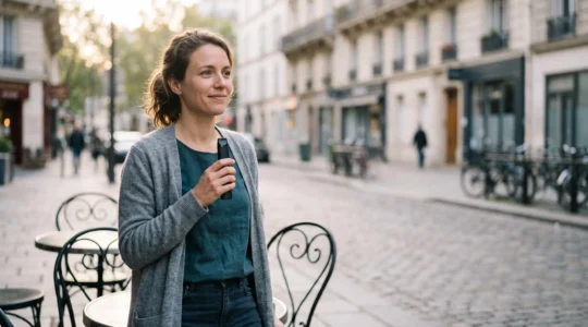 Jeune adulte français tenant un kit tube de cigarette électronique en extérieur, symbole du premier pas vers l'arrêt du tabac