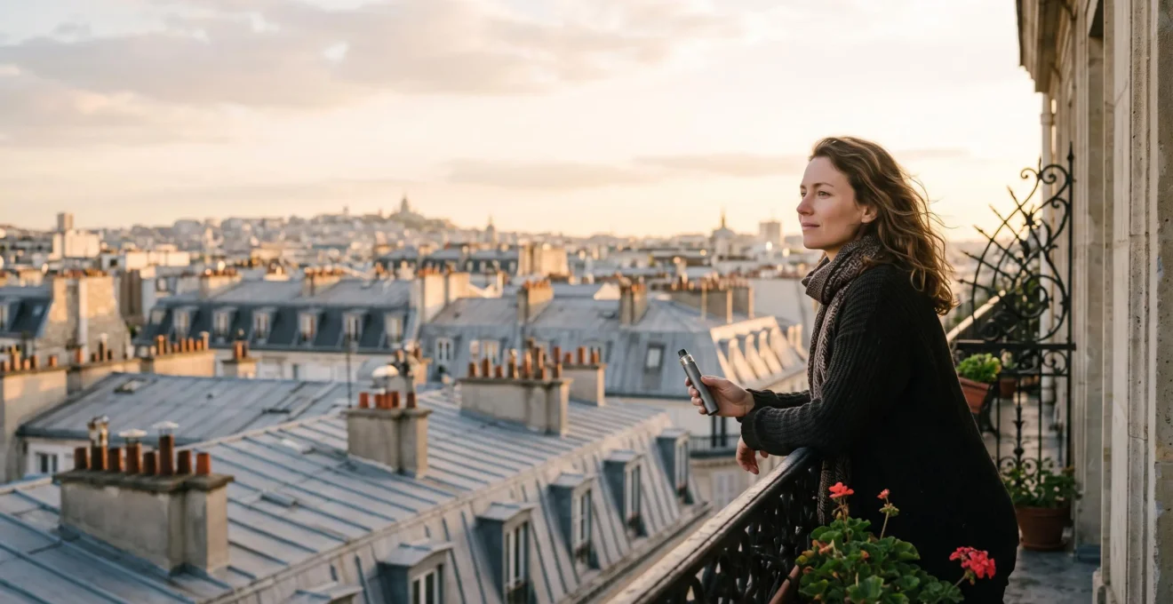Une personne tenant une cigarette électronique au petit matin dans un cadre urbain français, symbolisant un nouveau départ sans tabac