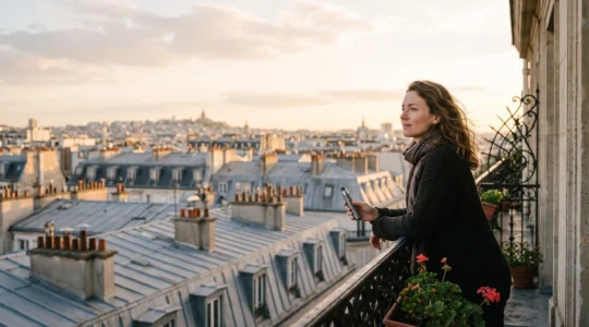 Une personne tenant une cigarette électronique au petit matin dans un cadre urbain français, symbolisant un nouveau départ sans tabac