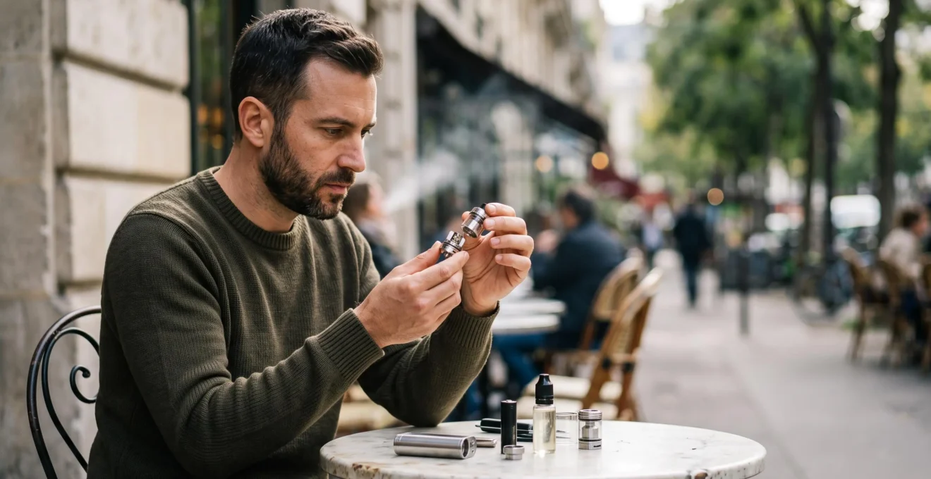 Vapoteur francais examinant de pres sa resistance de cigarette electronique avant remontage