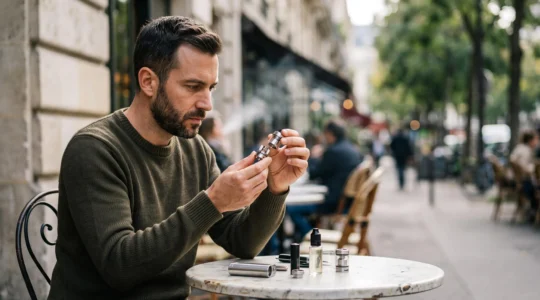 Vapoteur francais examinant de pres sa resistance de cigarette electronique avant remontage