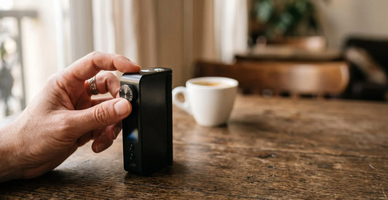 Main ajustant la molette de puissance d'une box de vape dans une ambiance chaleureuse à la française, symbolisant le réglage personnalisé des watts