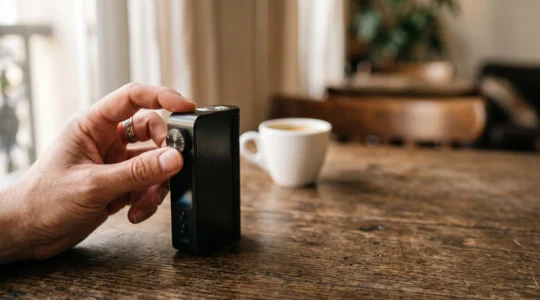 Main ajustant la molette de puissance d'une box de vape dans une ambiance chaleureuse à la française, symbolisant le réglage personnalisé des watts