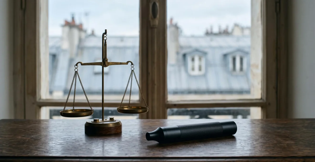 Cigarette électronique posée sur un bureau en bois près d'une fenêtre évoquant la réglementation française du vapotage