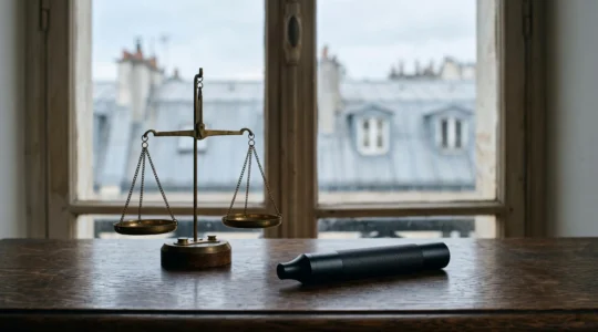 Cigarette électronique posée sur un bureau en bois près d'une fenêtre évoquant la réglementation française du vapotage