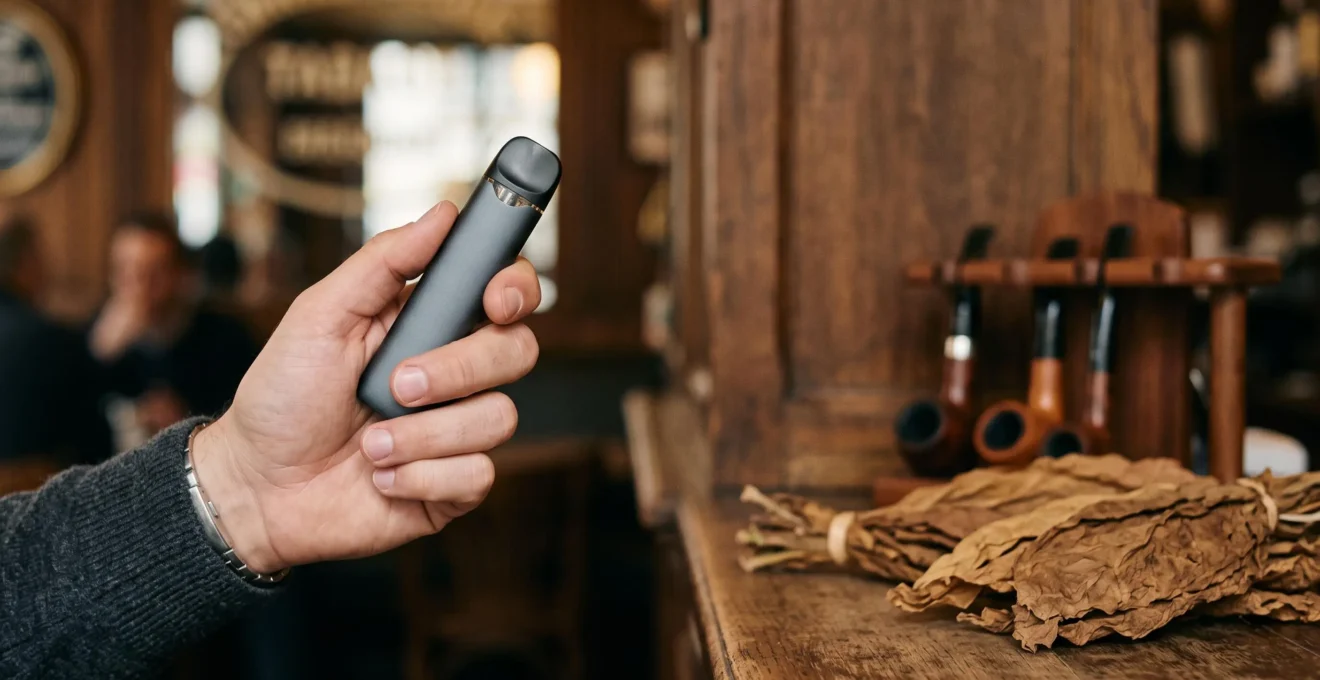 Vapoteur tenant une cigarette électronique avec en arrière-plan des feuilles de tabac séchées, évoquant la recherche du goût authentique du tabac blond ou brun