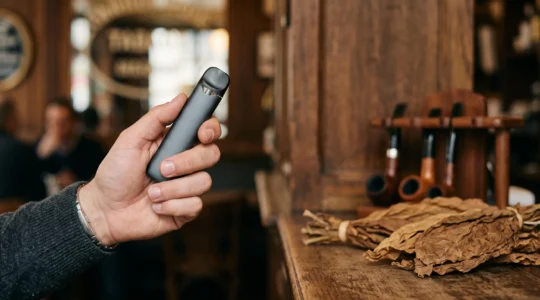 Vapoteur tenant une cigarette électronique avec en arrière-plan des feuilles de tabac séchées, évoquant la recherche du goût authentique du tabac blond ou brun