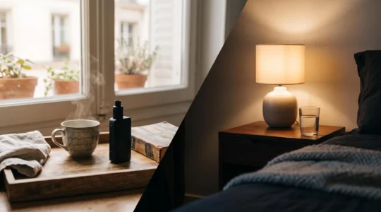 Illustration éditoriale d'une routine quotidienne au CBD associant vape et rituel de bien-être en France