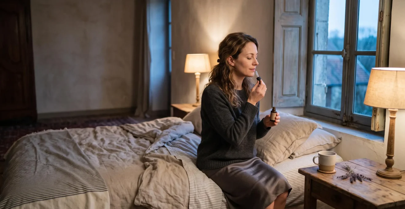 Femme dans une chambre cosy à la française appliquant des gouttes de CBD sous la langue avant de dormir, ambiance tamisée