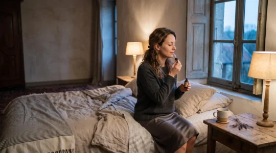 Femme dans une chambre cosy à la française appliquant des gouttes de CBD sous la langue avant de dormir, ambiance tamisée