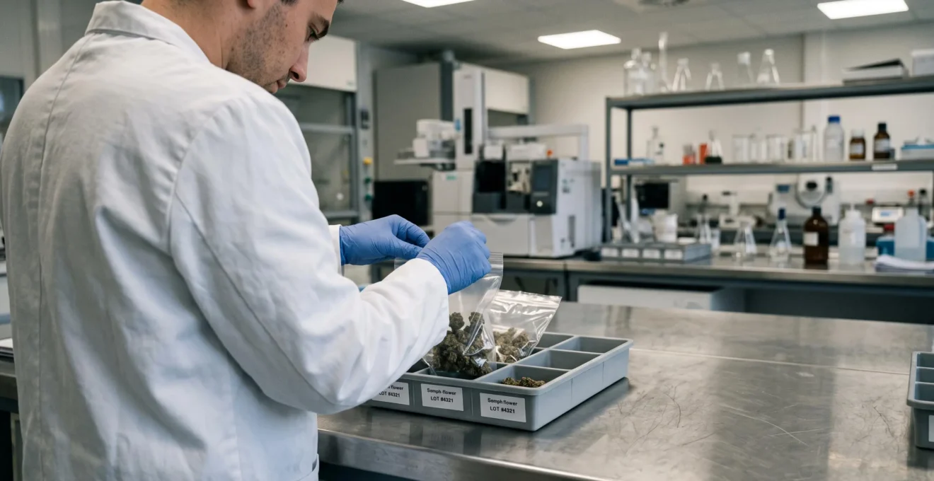 Un technicien de laboratoire scelle un échantillon de fleurs de chanvre dans un sachet transparent sur un plan de travail en acier.