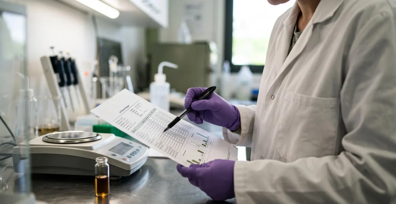 Un technicien de laboratoire vérifie les résultats sur un certificat d'analyse posé sur son plan de travail.