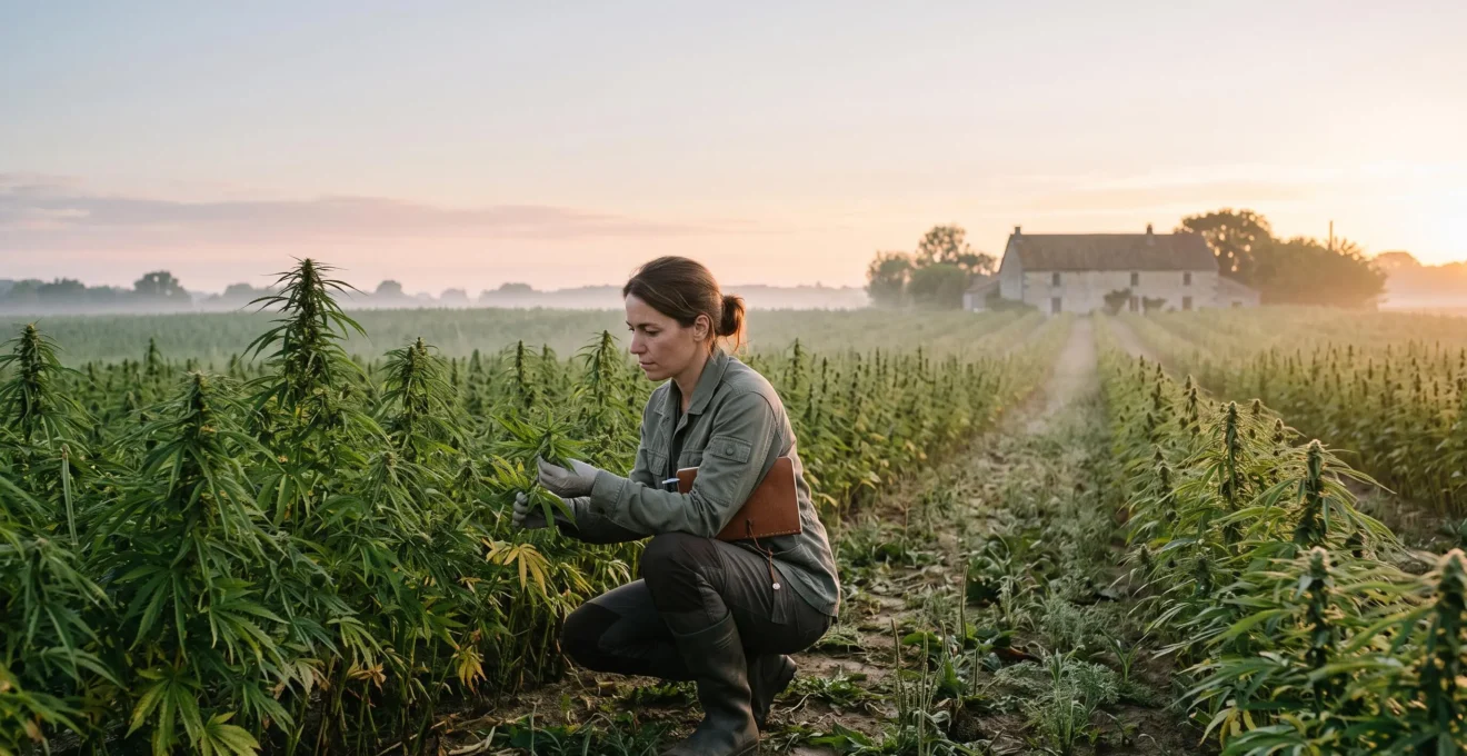 Champ de chanvre français au lever du jour symbolisant la traçabilité et la qualité du CBD