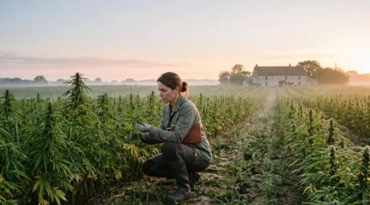 Champ de chanvre français au lever du jour symbolisant la traçabilité et la qualité du CBD