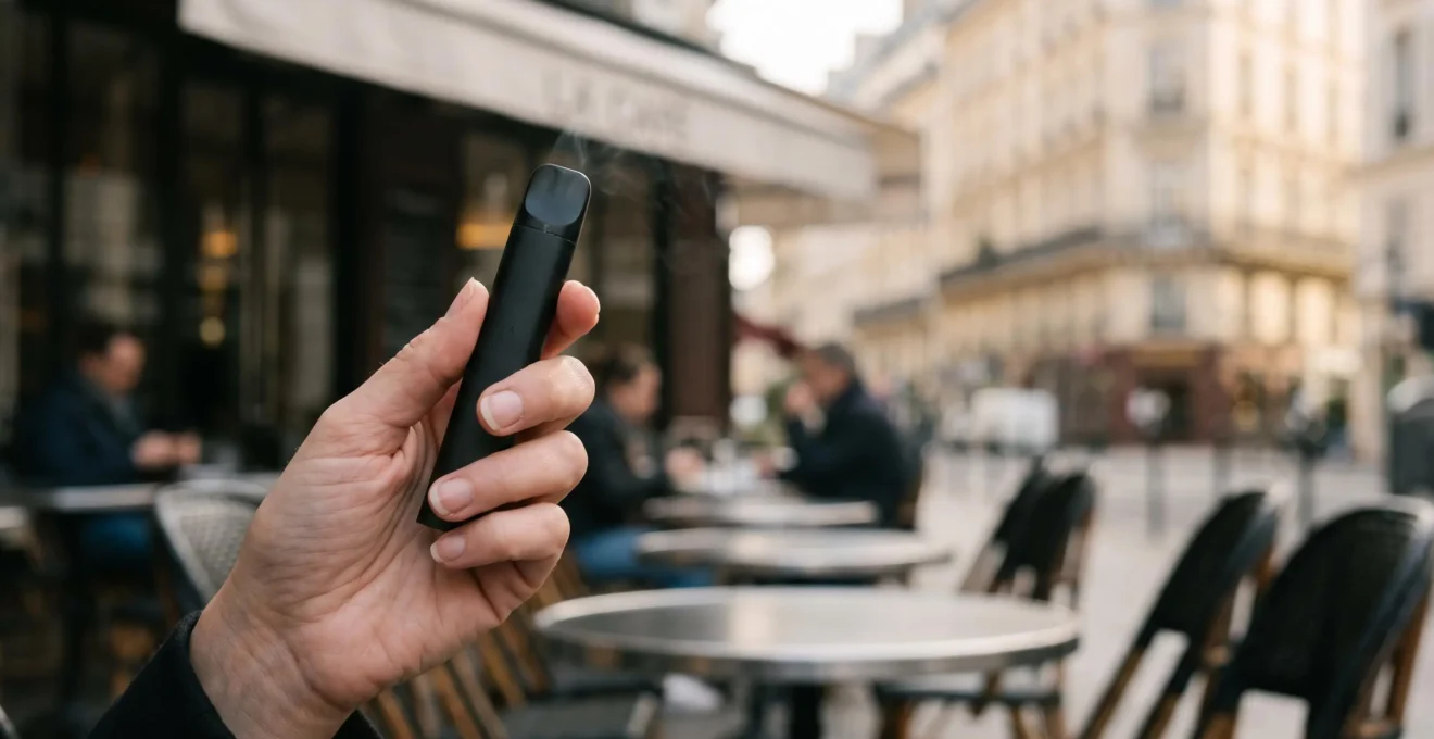 Une main tenant une cigarette electronique compacte de type MTL, avec en arriere-plan flou une terrasse de cafe parisienne, symbolisant la transition en douceur du tabac vers la vape