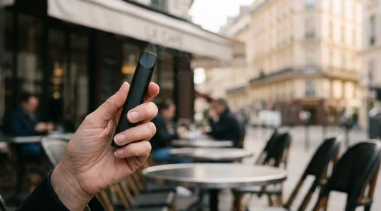 Une main tenant une cigarette electronique compacte de type MTL, avec en arriere-plan flou une terrasse de cafe parisienne, symbolisant la transition en douceur du tabac vers la vape