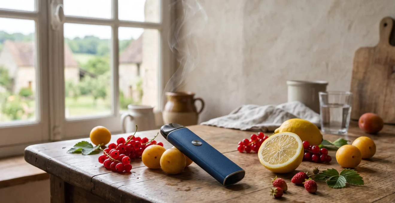 Cigarette électronique moderne entourée de fruits frais colorés évoquant une vape fruitée et légère, loin du tabac