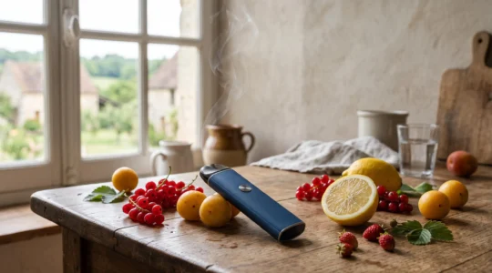 Cigarette électronique moderne entourée de fruits frais colorés évoquant une vape fruitée et légère, loin du tabac