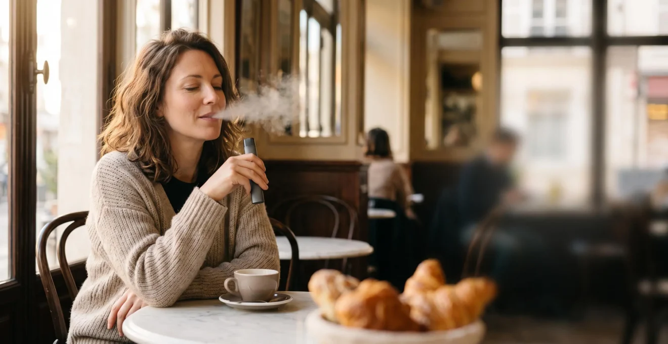 Personne savourant une bouffée de vapeur dans un cadre chaleureux évoquant une pâtisserie française, ambiance douce et gourmande