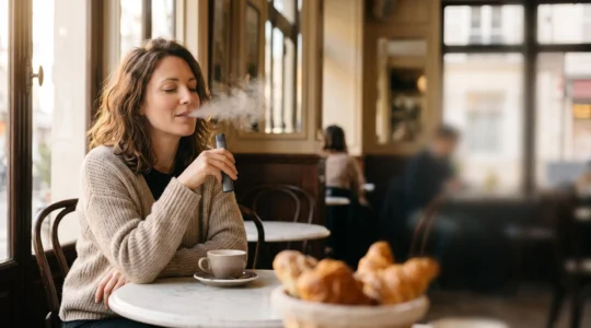 Personne savourant une bouffée de vapeur dans un cadre chaleureux évoquant une pâtisserie française, ambiance douce et gourmande